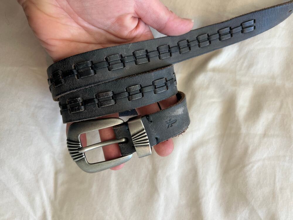 Frye black woven genuine leather belt 31”-35” western moto modern fashion silver
